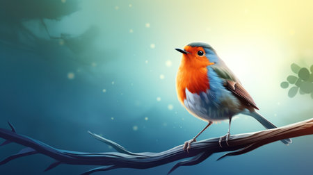 Robin bird on a branch with bokeh background. Vector illustration.の素材