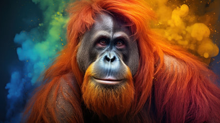 Portrait of a female orangutan with orange hair and colorful smokeの素材