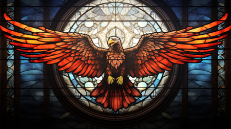 Stained glass window depicting an eagle in a church in Prague, Czech Republic.の素材