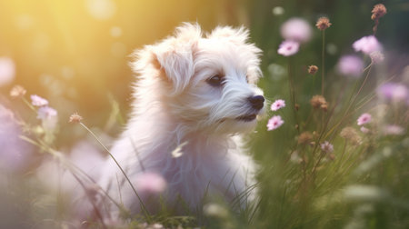 Cute white dog with pink flowers in the meadow at sunsetの素材