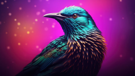 Illustration of a beautiful bird on a colorful background with stars.の素材