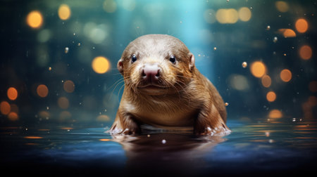 Otter swimming in water with bokeh lights on backgroundの素材