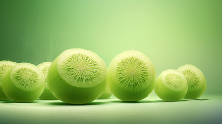 Fresh kiwi fruit on a green background with copy space.の素材