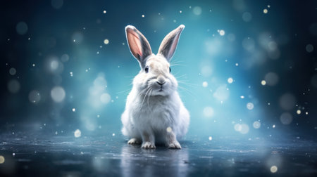 Cute white rabbit on dark blue background with snowflakes.の素材