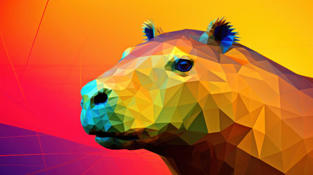 Polygonal hippo head on orange background. 3d illustrationの素材