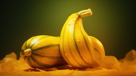 Autumn still life with pumpkins and yellow leaves on dark backgroundの素材