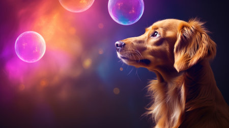 Cute golden retriever dog playing with soap bubbles. Space for text.の素材