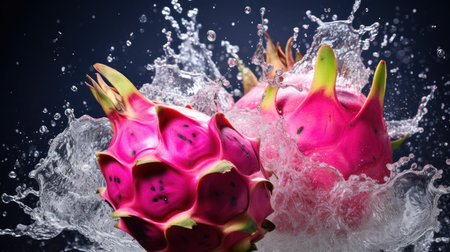 Dragon fruit in water splash on black background. 3d rendering.の素材