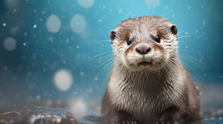 Otter on a blue background with bokeh and snowの素材