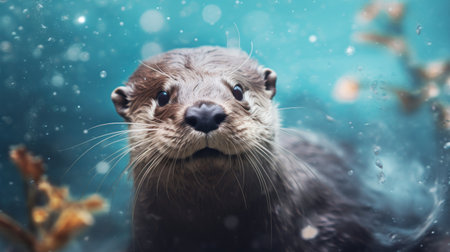 Closeup portrait of a wet Asian small-clawed otterの素材