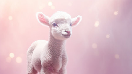 Cute little lamb on bokeh background. Happy New Year card.の素材