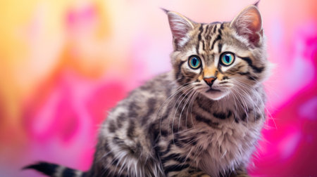 Cute tabby kitten on a colorful background, close-upの素材