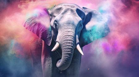 Elephant in a colorful smoke background. Panoramic shot.の素材