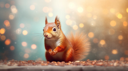 Cute squirrel with nut on bokeh background. Autumn season.の素材