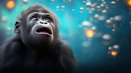 Portrait of a strong gorilla on a dark background with bubbles.の素材