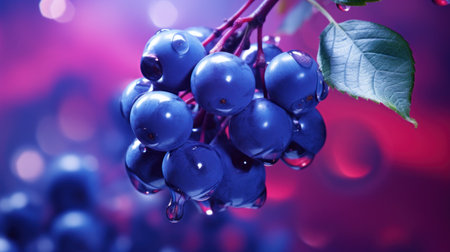 Bunch of ripe blue grapes on a branch with water drops.の素材