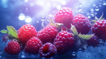 Ripe raspberries with water drops on a dark background.の素材