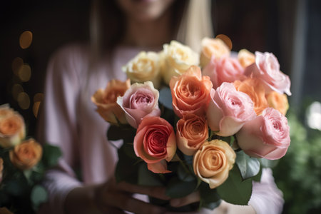 Bouquet of roses in the hands of a floristの素材