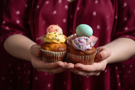 Woman holding tasty cupcakes with Easter eggs on blurred background, closeupの素材