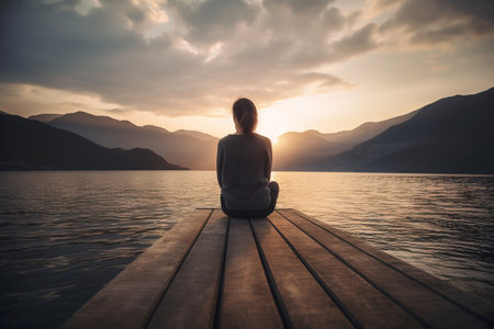 Young woman sitting on the edge of a wooden jetty at sunsetの写真素材 ...