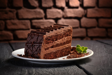 a piece of chocolate cake on a white plate with a green leaf on the side of the plate and a brick wall in the background. . generative aiの素材