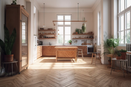 Interior of modern kitchen in scandinavian style. 3d renderingの素材