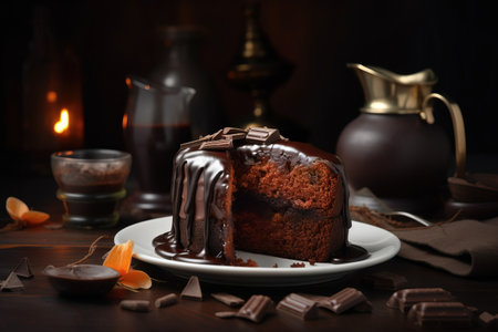 a chocolate cake on a white plate with a slice taken out of it and a caramel caramel slice on the side of the plate. . generative aiの素材