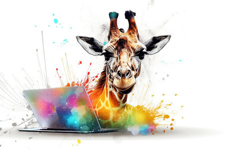 Giraffe with laptop and colorful splashes on white background.の素材
