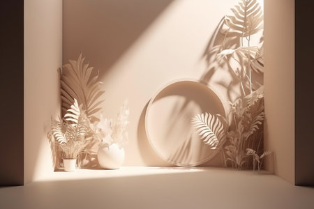 Minimalistic interior design with round podium and tropical leaves. 3D renderingの素材