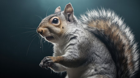 Portrait of a grey squirrel on a dark background, close-upの素材