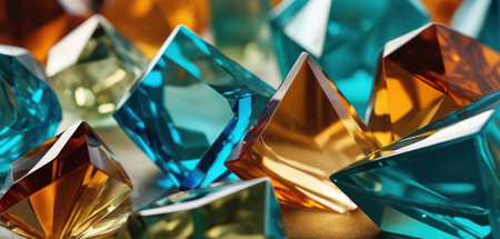Colorful crystals of different shapes and sizes on a light background.の素材