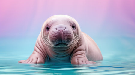 Cute baby walrus in the water on a blue background.の素材