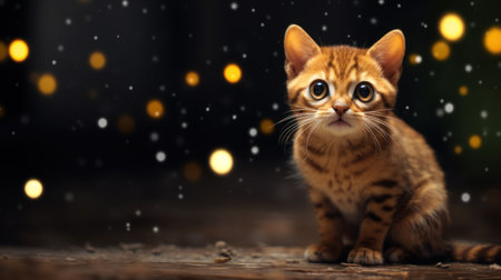 Cute bengal cat on wooden background with bokeh lightsの素材