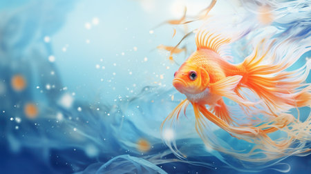 Goldfish swimming in the water. 3d rendering, underwater world.の素材