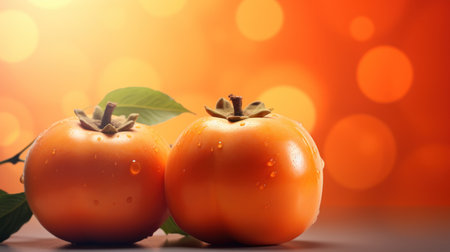 Ripe persimmon fruit with leaves on bokeh backgroundの素材