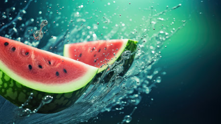Watermelon with splashes and drops of water on a green backgroundの素材