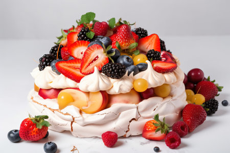 Pavlova cake with fresh berries on a white background.の素材