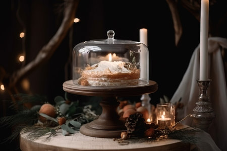 Cake in the form of a bell with candles on a wooden tableの素材