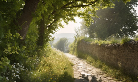 Old stone road through the green meadow in the rays of the sunの素材