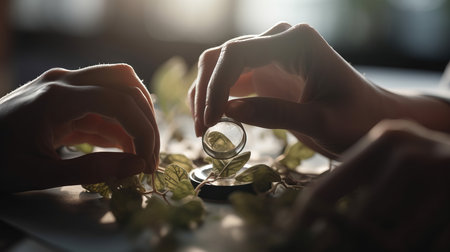 Close up of a woman's hands holding a glass jar with a green plant insideの素材