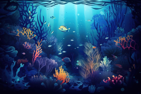 an underwater scene with corals and seaweed and a fish swimming in the water, with sunlight shining through the water's surface. . generative aiの素材