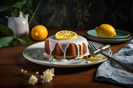 a bundt cake with lemons and icing on a plate with a knife and fork on a table with flowers and a vase. . generative aiの素材