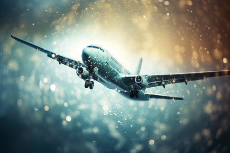 an airplane flying in the sky with a lot of bubbles on it's side and the tail end of the plane in the foreground. . generative aiの素材