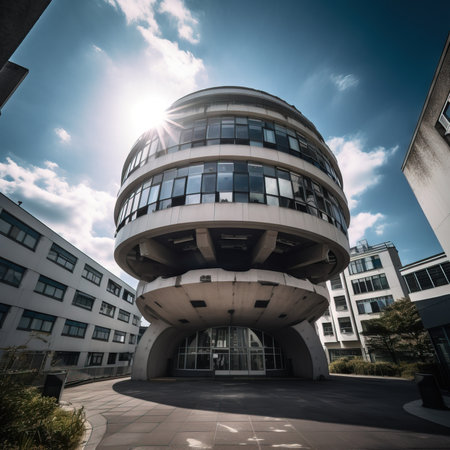 a circular building with a sky background and sun shining through the clouds in the sky over the building is a parking lot and a parking lot. . generative aiの素材