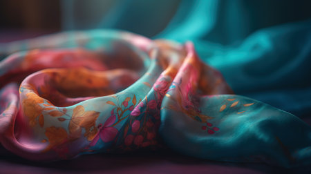 Silk fabric with floral pattern on a pink background. Selective focus.の素材