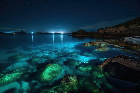 a body of water that has some rocks in it and some lights in the sky above it and some rocks in the water below it. . generative aiの素材