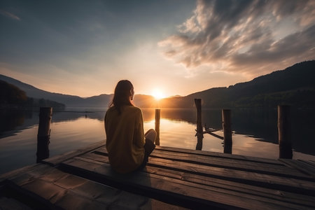 a woman sitting on a dock watching the sun go down over a mountain range in the distance, with a lake in the foreground. . generative aiの素材