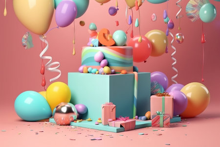 Birthday gift boxes with balloons and confetti. 3D Renderの素材