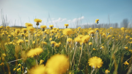 a field full of yellow dandelions with a blue sky in the background of the photo, with a few clouds in the background. . generative aiの素材