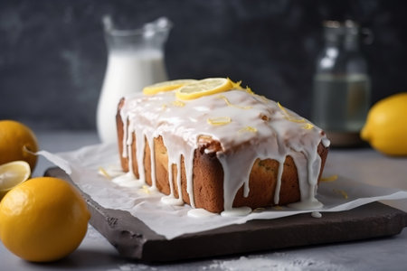Homemade lemon bundt cake with glaze and fresh lemonsの素材